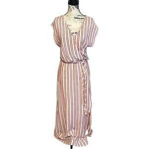 Caution To The Wind Striped Maxi Dress V Neck Terry Stretch Red & Cream Size L